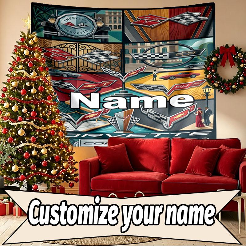 Custom Name Personalized Corvette Print Tapestry, Wall Art Decor, Bedroom, Dorm, Apartment, LivingRoom, Party Backdrop, Gift for Birthday