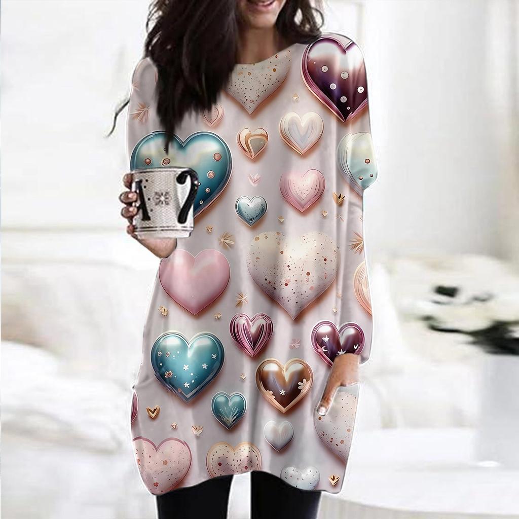 Женский модный повседневный топ с длинным рукавом и круглым вырезом ко Дню святого Валентина с принтом в виде сердца