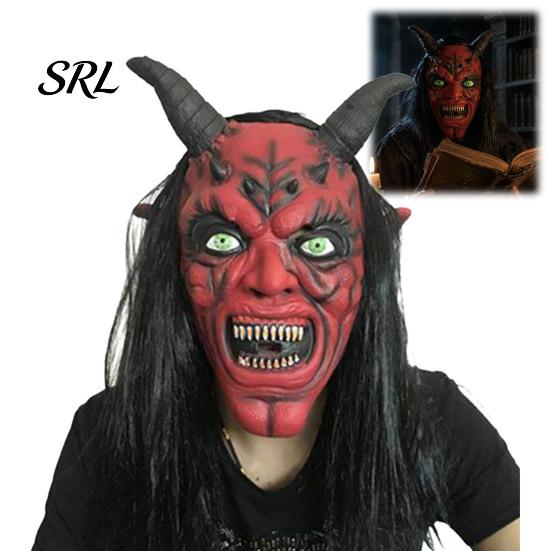Horror Movie Character Headgear Halloween Satan Devil Mask, Realistic Full Head Latex Costume with Long Breathable Mask Horns And Fangs, Scary Cosplay