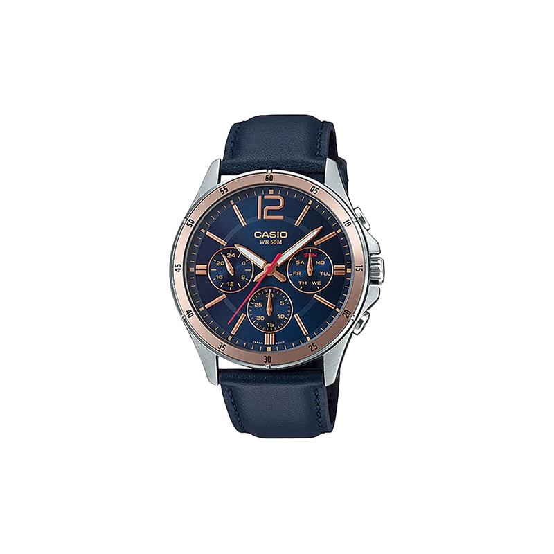 Casio Серия CASIOSTANDARD модный деловой ретро повседневный классический трехглазый шестистрелочный синий циферблат водонепроницаемый кварцевый механизм кожаный ремешок MTP-1374L-2A