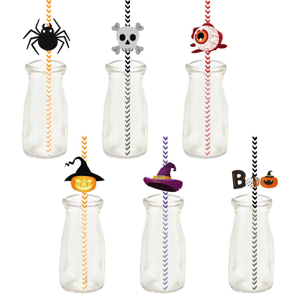 Halloween Straws, Party Decorations, 24pcs, Skeleton Spiders, Water Cup Beverage Decorations, Disposable Straws