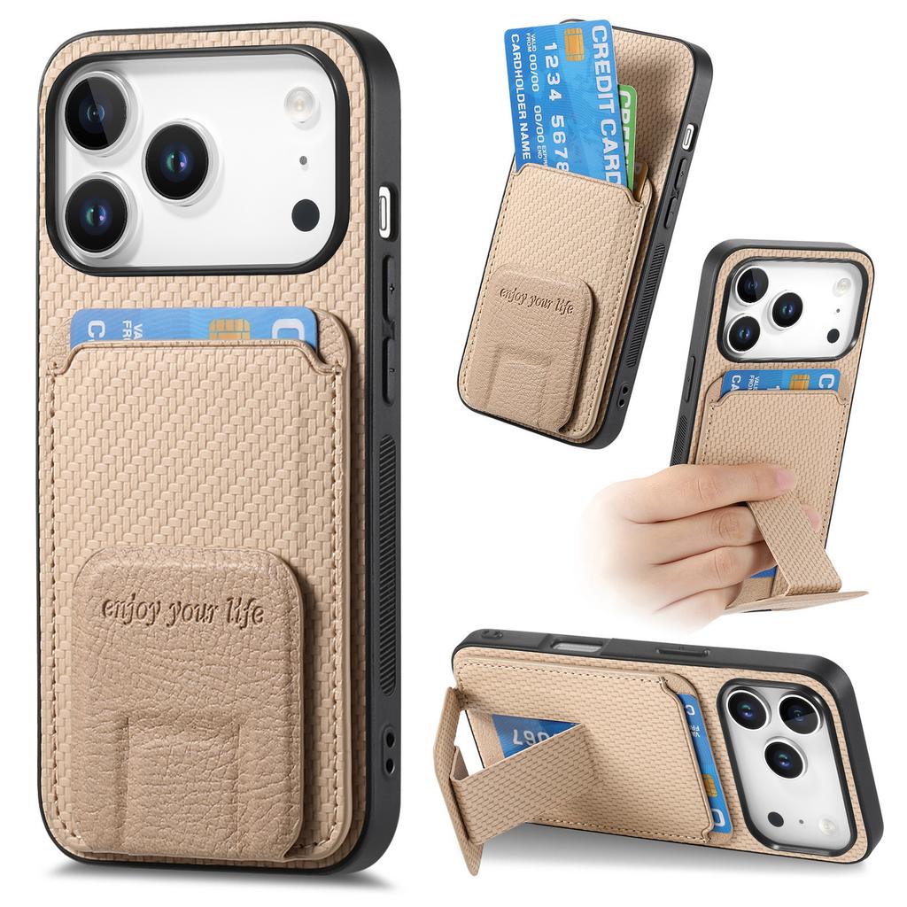 For iPhone 17 Pro Case Card Holder Carbon Fiber Texture Leather Coated TPU Phone Cover
