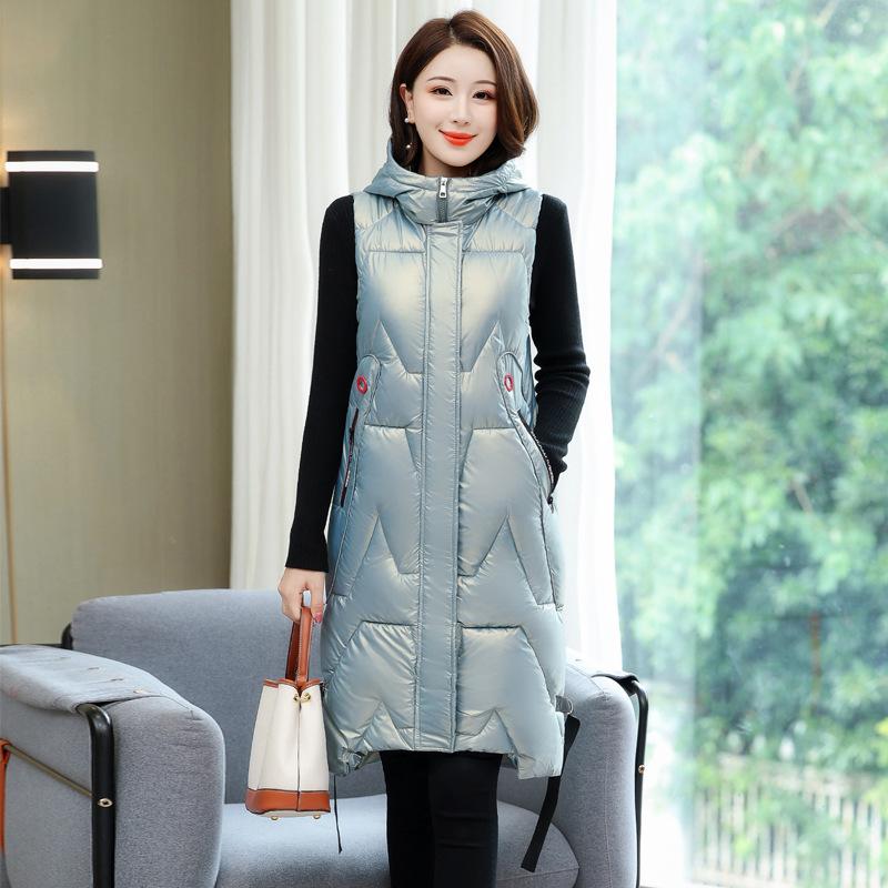 Women's Autumn and Winter Long Warm Vest Puffy Zipper Warm Vest Hooded Lined Padded Cotton Vests