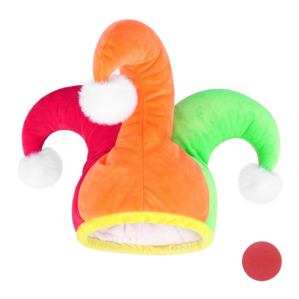 Color Block Clown Hat with White Pom Poms Halloween Party Hat Funny Joker Hat Party