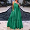 Summer Women Sleeveless Strap Solid Satin Casual Beach Loose Maxi Pleated Dress