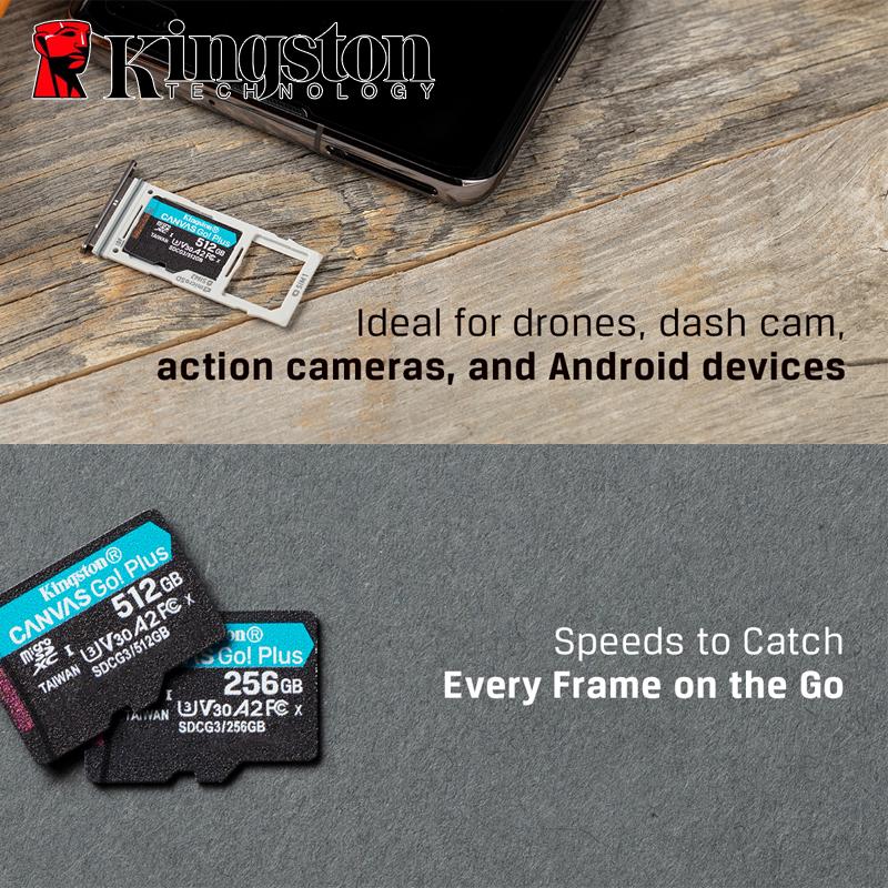 Kingston Карта памяти microSDXC 64 ГБ, 170 МБ/с, 128 ГБ, 256 ГБ Canvas Go! Карта памяти microSDXC Plus класса 10 UHS-I U3 V30 A2 SDCG3/64 ГБ/128 ГБ/256 ГБ