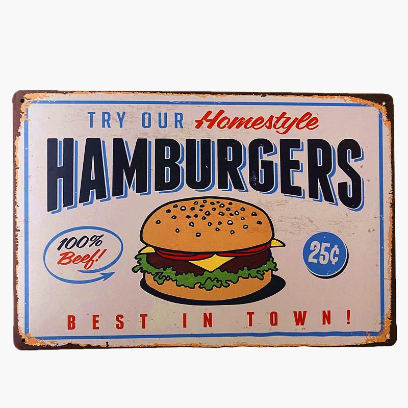 Shabby Chic Vintage Metal Tin Signs BBQ Fast Food Hamburger Cupcake Pop Corn Hot Dog Wall Decor for Kitchen Cafe Diner Bar