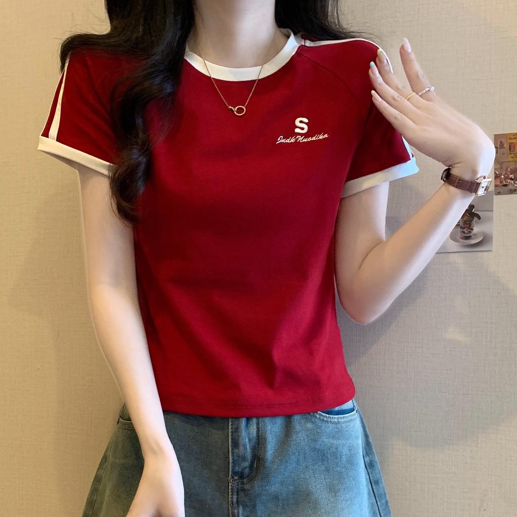 Женская летняя футболка с коротким рукавом и круглым вырезом на плечах