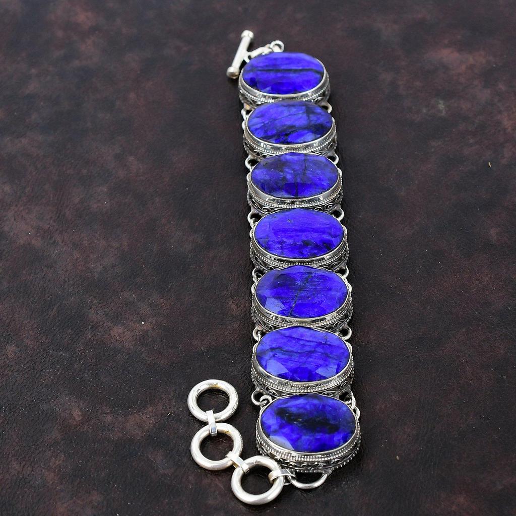 Браслет с граненым синим сапфиром, винтажный браслет, браслет из стерлингового серебра 925 пробы, регулируемый браслет-цепочка, подарок для него, ювелирные изделия из натуральных драгоценных камней