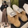 Luxury Rabbit Fur Mules Woman Square Toe Block Heeled Slippers Ladies Brand Design Crystal Buckle Evening Party Slide Shoes