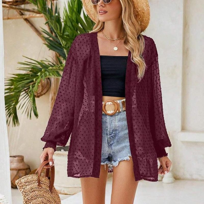 Fashion Thin Long Sleeve Plus Size Casual Blouse Women Summer Solid Elegant Loose Cardigan Shirts Women Tops See Through Sexy Ladies Blouses 25904
