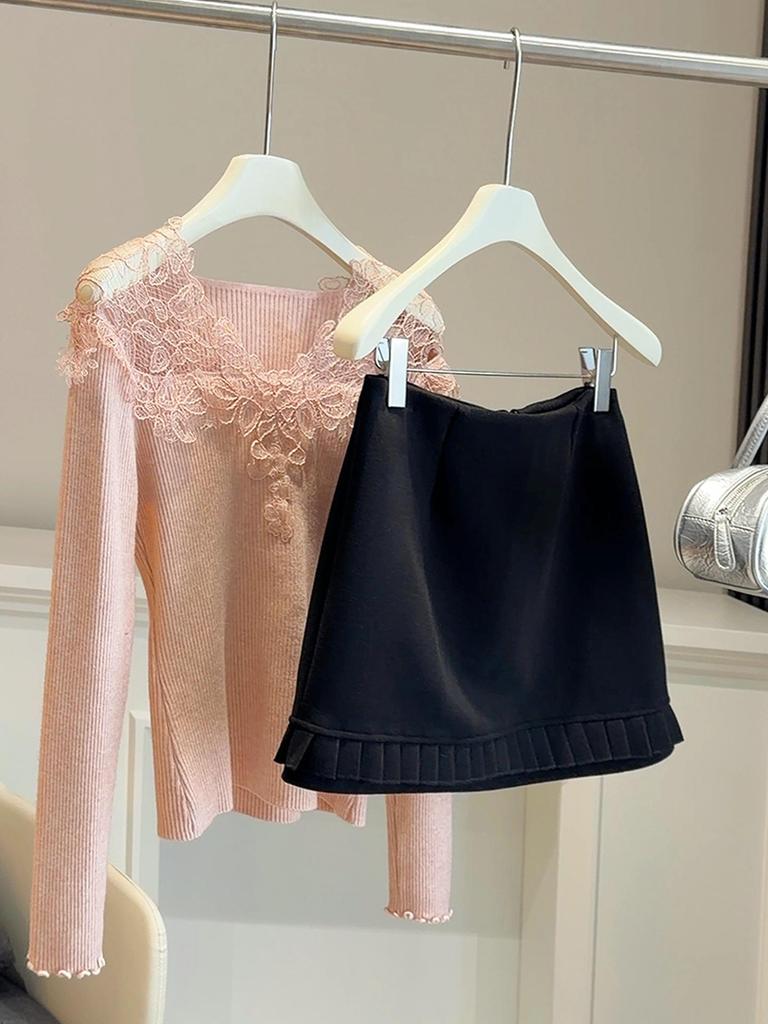 2025 Korean Style High-Waisted Woolen A-line Lace Skirt for Autumn/Winter