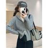 Women's Gray Hooded Knit Cardigan with Double Zipper - Short Autumn/Winter Sweater