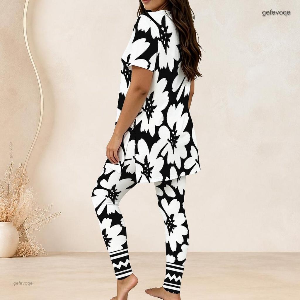 Women Plus Size Black White Printed Round Neck Short Sleeve Top And Long Pants Two Piece Set