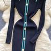 Autumn Winter Women Knitted Dresses 2024 Vintage Patchwork Striped Long Sleeve Bodycon Sexy Chic Long Dress