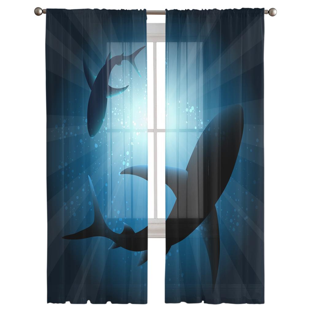 Shark Silhouette In Sun Rays Sheer Curtains Living Room Window Tulle Curtains For Bedroom Kitchen Home Decoration Voile Drapes