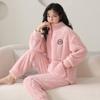 Female Autumn and Winter Coral Velvet Home Clothes Flannel Thickened Winter Plus Velvet Warm Can Be Worn Outside Loose Pajamas Set
