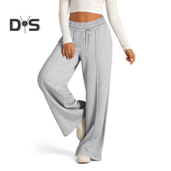 Женские повседневные брюки с эластичной резинкой и высокой талией, регулируемые на шнурке, прямые широкие брюки с карманами, однотонные длинные брюки