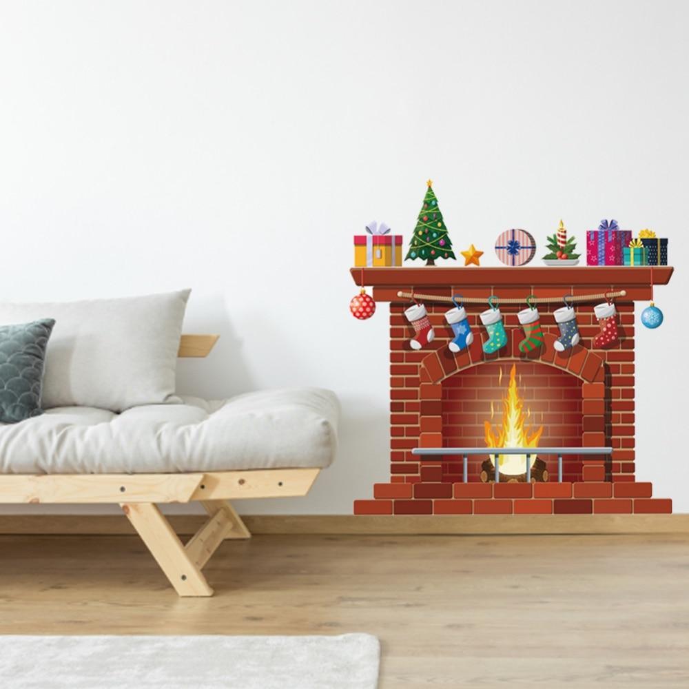 Wall Stickers Christmas Fireplace Living Room Bedroom Window Glass