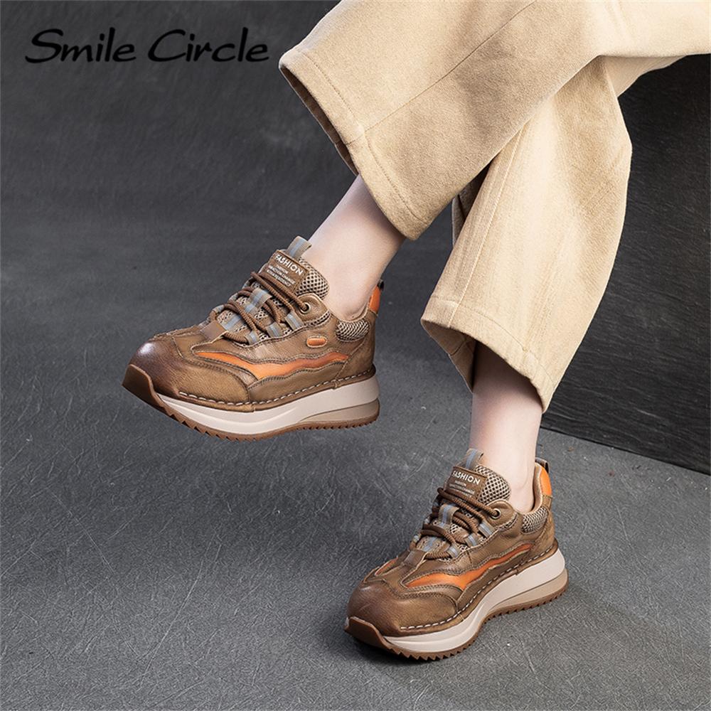 Женские кроссовки из натуральной кожи с круглым носком, увеличивающие рост, модные повседневные туфли на толстой подошве