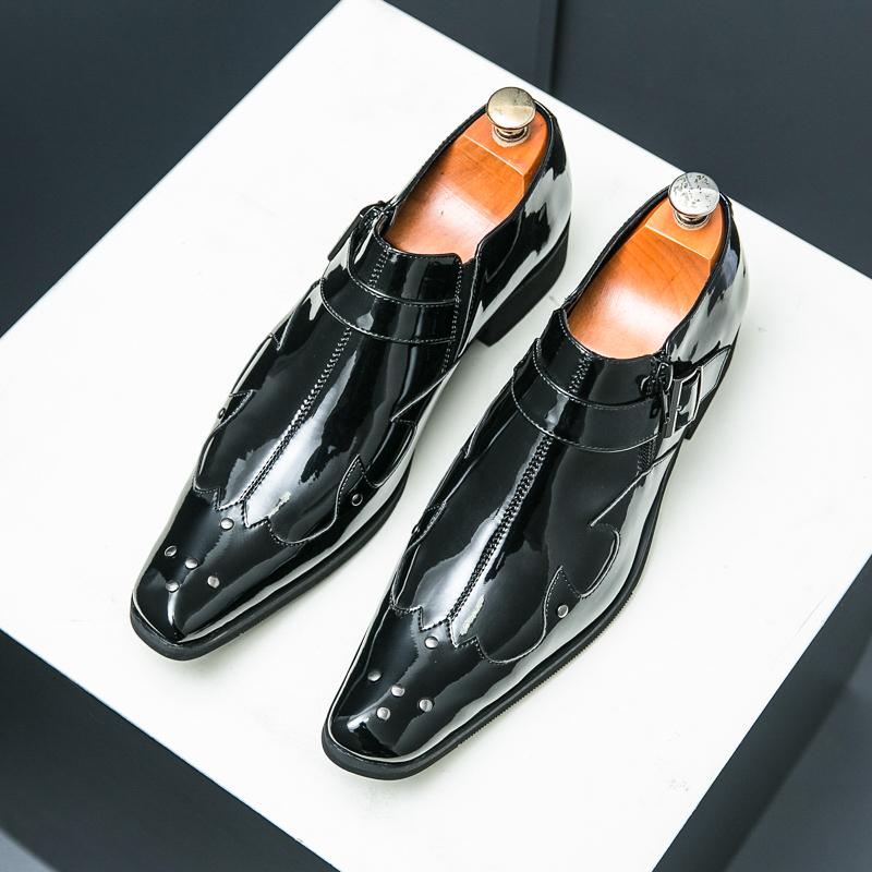Fashion Brand's New Men's Low Cut Riveted Chelsea Leather Shoes Autumn Patent Leather Men's Buckle Pointed Block Leather Shoes