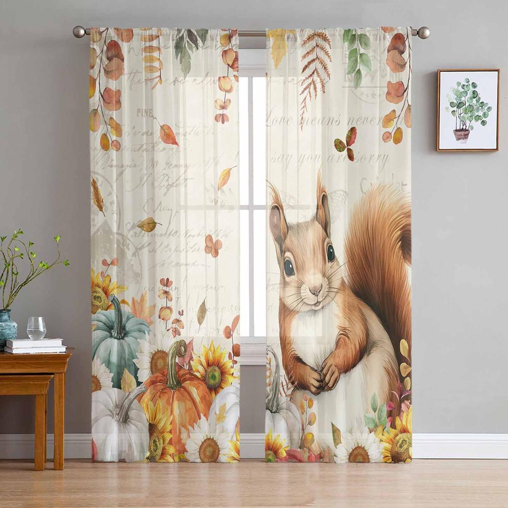 Thanksgiving Eucalyptus Leaf Pumpkin Sunflower Squirrel Sheer Curtains for Kids Living Room Voile Window Curtains Tulle Drapes