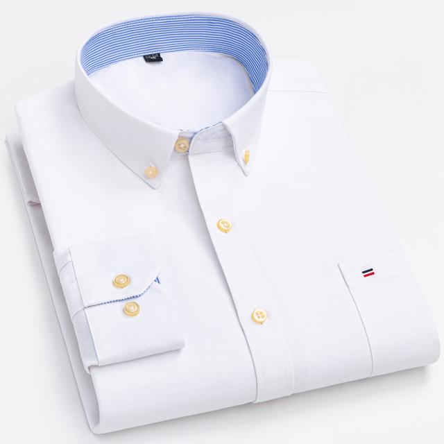 Мужские однотонные оксфордские рубашки из 100% хлопка с длинными рукавами и одним передним карманом, рабочая повседневная рубашка с воротником на пуговицах и нашивкой