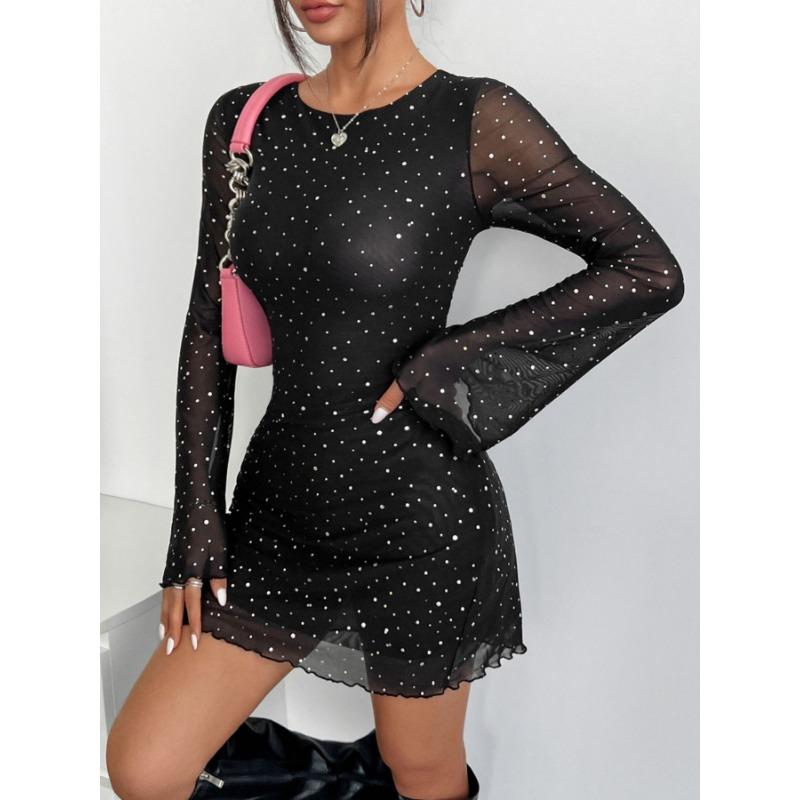 Women S Black Mesh Sequin Slim Fit Long Sleeve Dress