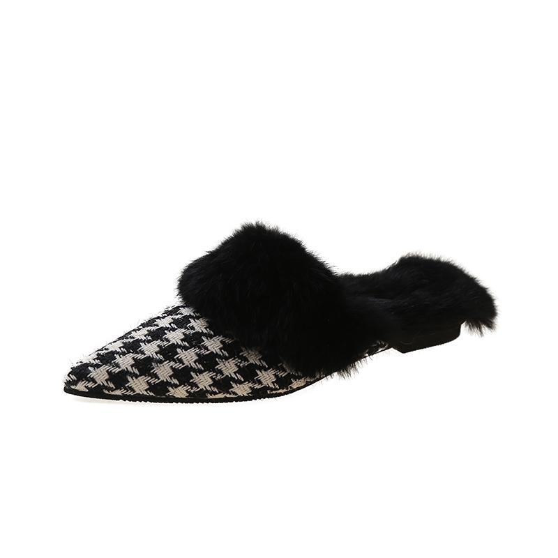 Зимние Новые Тапочки Баотоу Женские Остроносые Плюс Флис На Слипонах Мягкая Подошва Нескользящие Удобные Туфли на Плоской Подошве