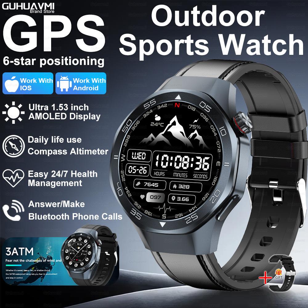 Новые умные часы с GPS-позиционированием для мужчин, 1,53-дюймовый AMOLED HD-экран, компас, датчик сердечного ритма, водонепроницаемость 3ATM, звонки, спортивные, деловые умные часы