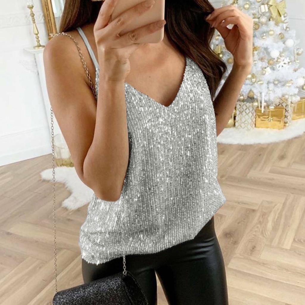 Womens Glitter Strappy Tank Tops Ladies Sexy  Cami Swing Vest Clubwear