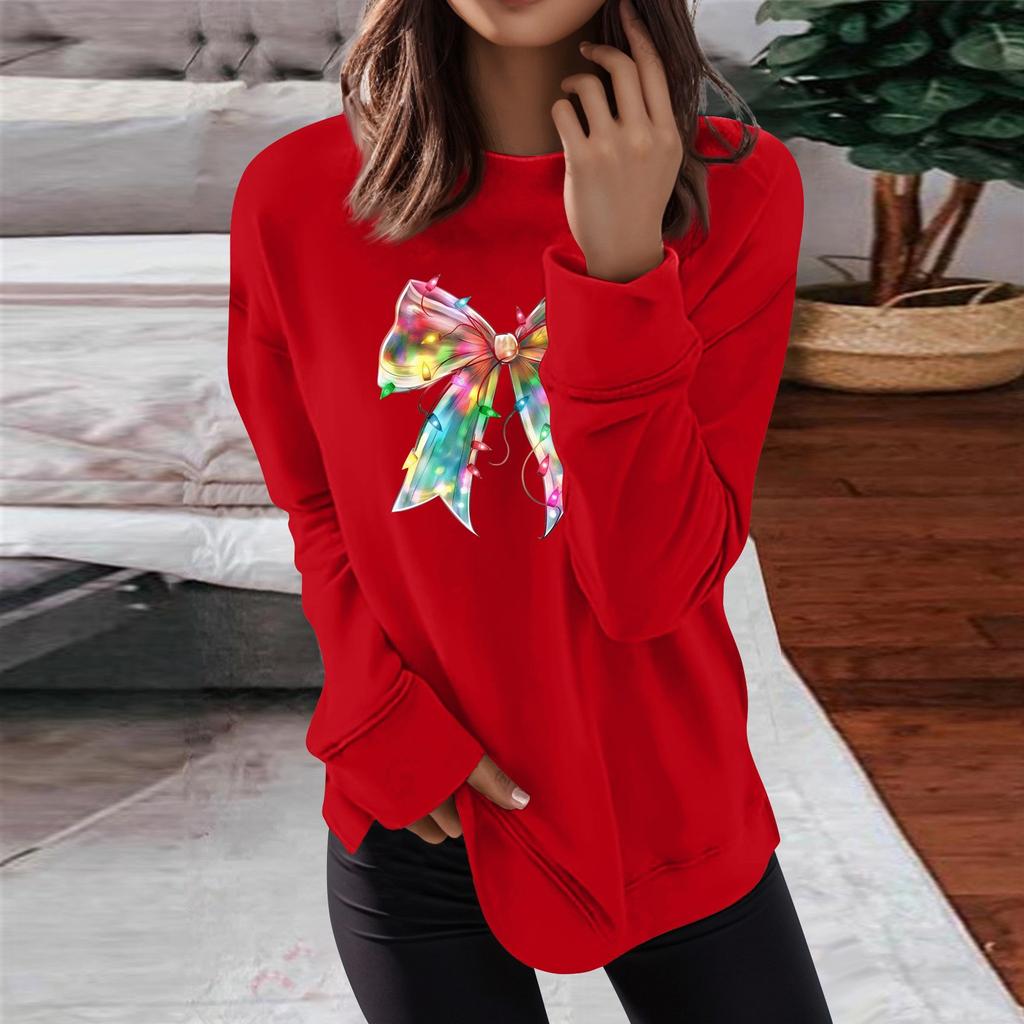 Women's Fashion Casual Christmas Bow Printed Round Neck Top