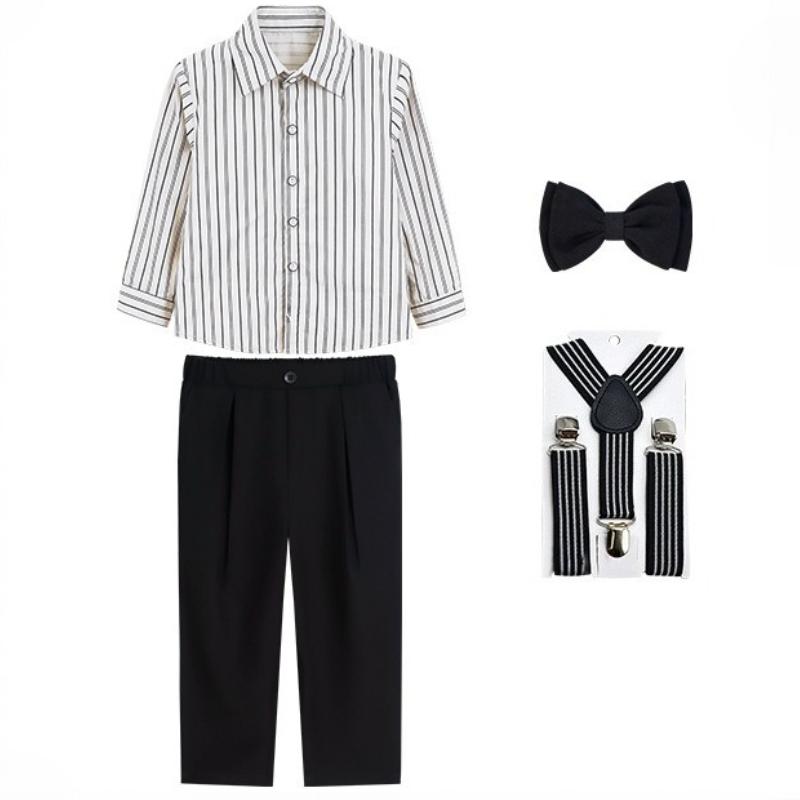 Toddler Boys Suspenders Pants Set Striped Button Down Shirt and Bow Tie Kids Formal Party Outfit Cute Wedding Guest Costume for 1-12Y