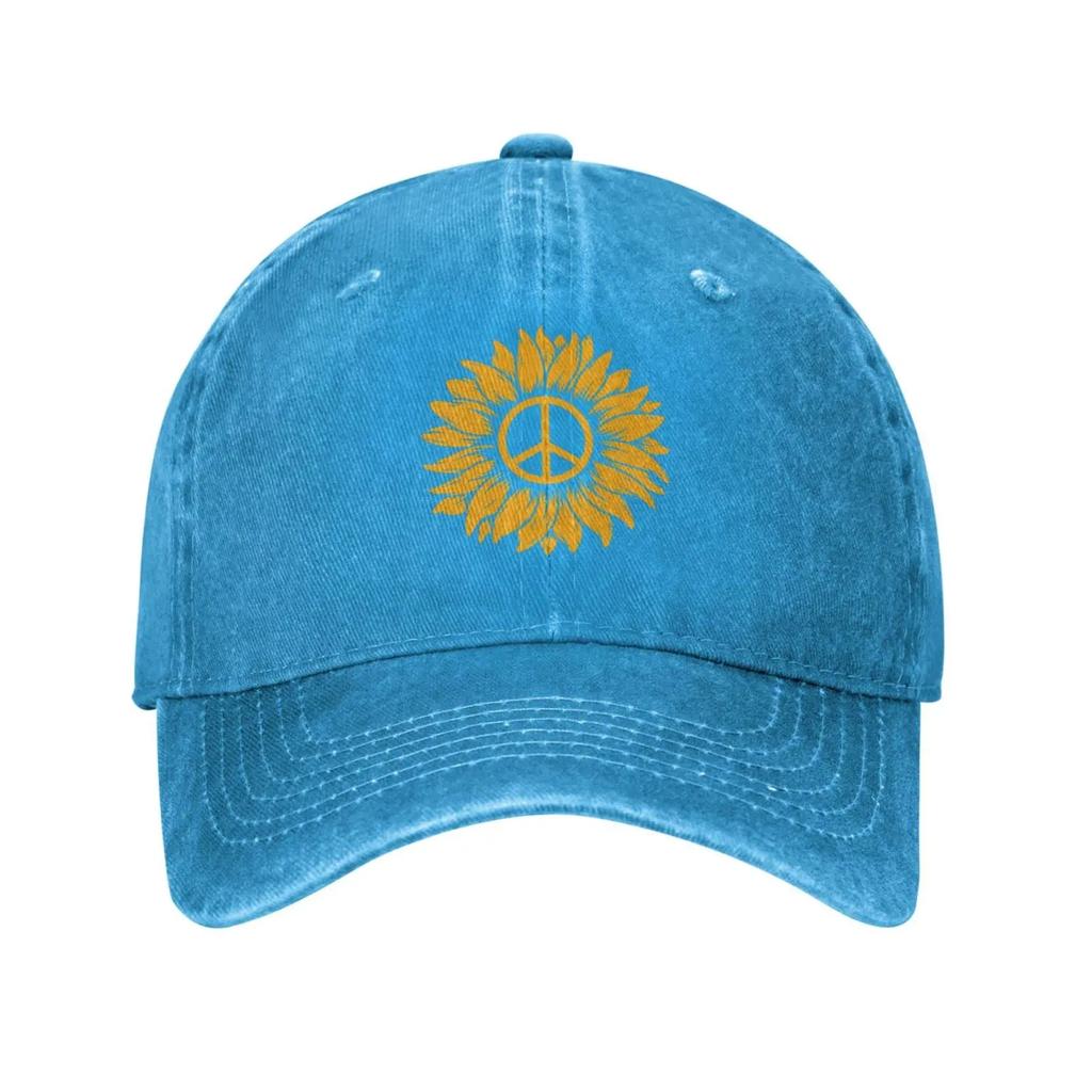 Peace Sunflower Vintage Washed Denim Cotton Low Profile Mens Dad Trucker Hat Fitted Baseball Ball Cap for Men Unisex Headwear