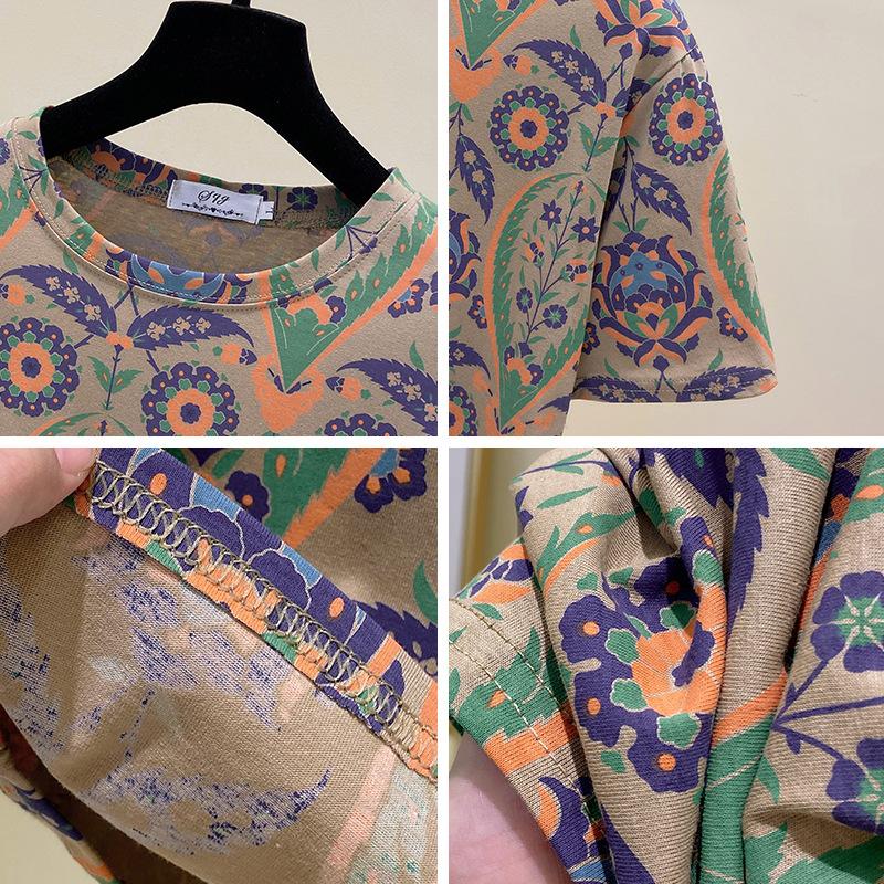 Футболка большого размера из хлопка с короткими рукавами, женская летняя одежда, корейская версия свободной и тонкой универсальной футболки с круглым вырезом и принтом для женщин