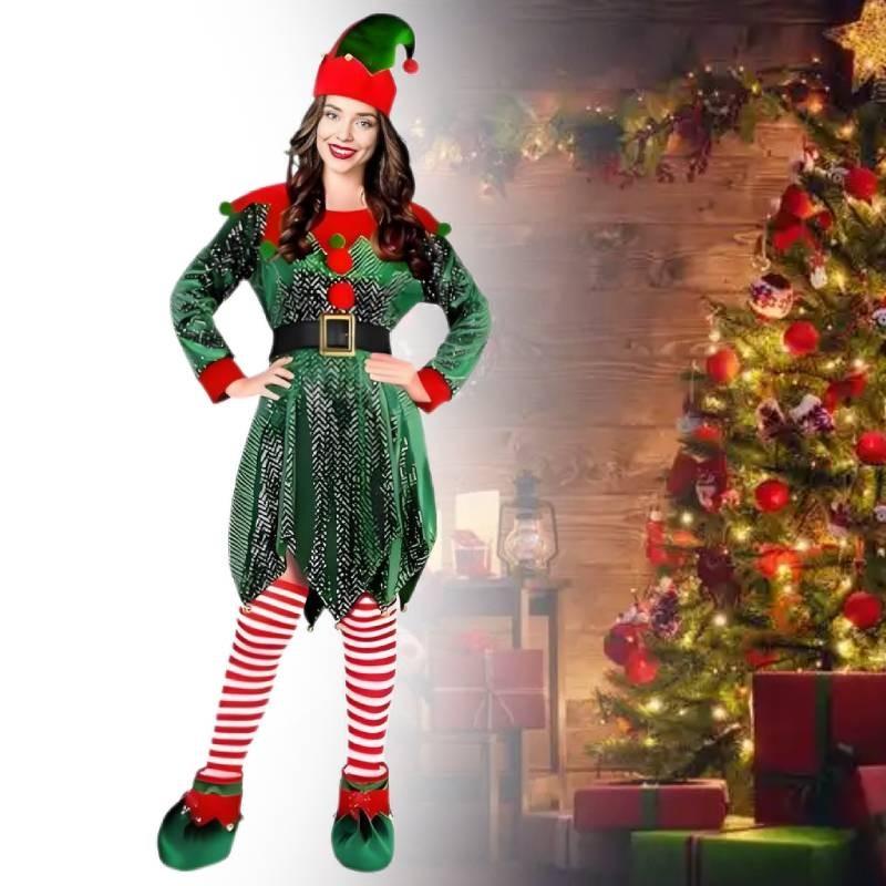 Восхитительный костюм эльфа для рождественской вечеринки для женщин с длинными рукавами и праздничным видом
