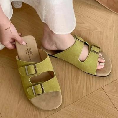 Распродажа модной женской обуви 2024 года, женские тапочки с открытым носком и пряжкой, летние повседневные удобные тапочки на плоской подошве с открытой пяткой