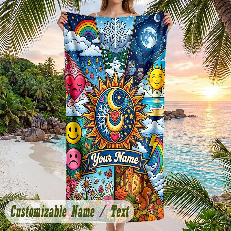 Seashell Starfish Frame Theme Quick Dry Beach Towel Custom Name Text Print Large Sand Resistant Towel Beach Vacation