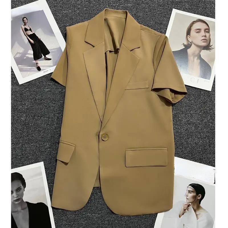Модный однотонный свободный женский пиджак с короткими рукавами, летний тонкий срез, маленький рост, стильный, очаровательный хаки