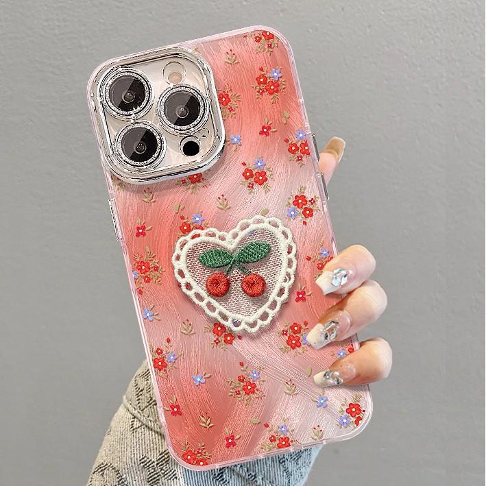 Embroidered Cherry Suitable for IPhone16 IPhone Case 15 Feather Yarn Fragrance 14 Promax Advanced Sense 13 Anti-fall