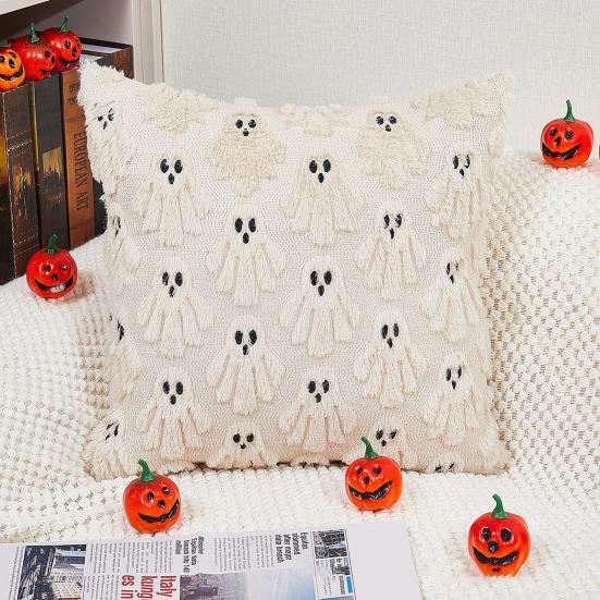 Halloween Decorative Pillow Cover Soft Plush Throw Cushion Case with 3D Embroidered Ghost Pumpkin Design for Couch Sofa Bedroom