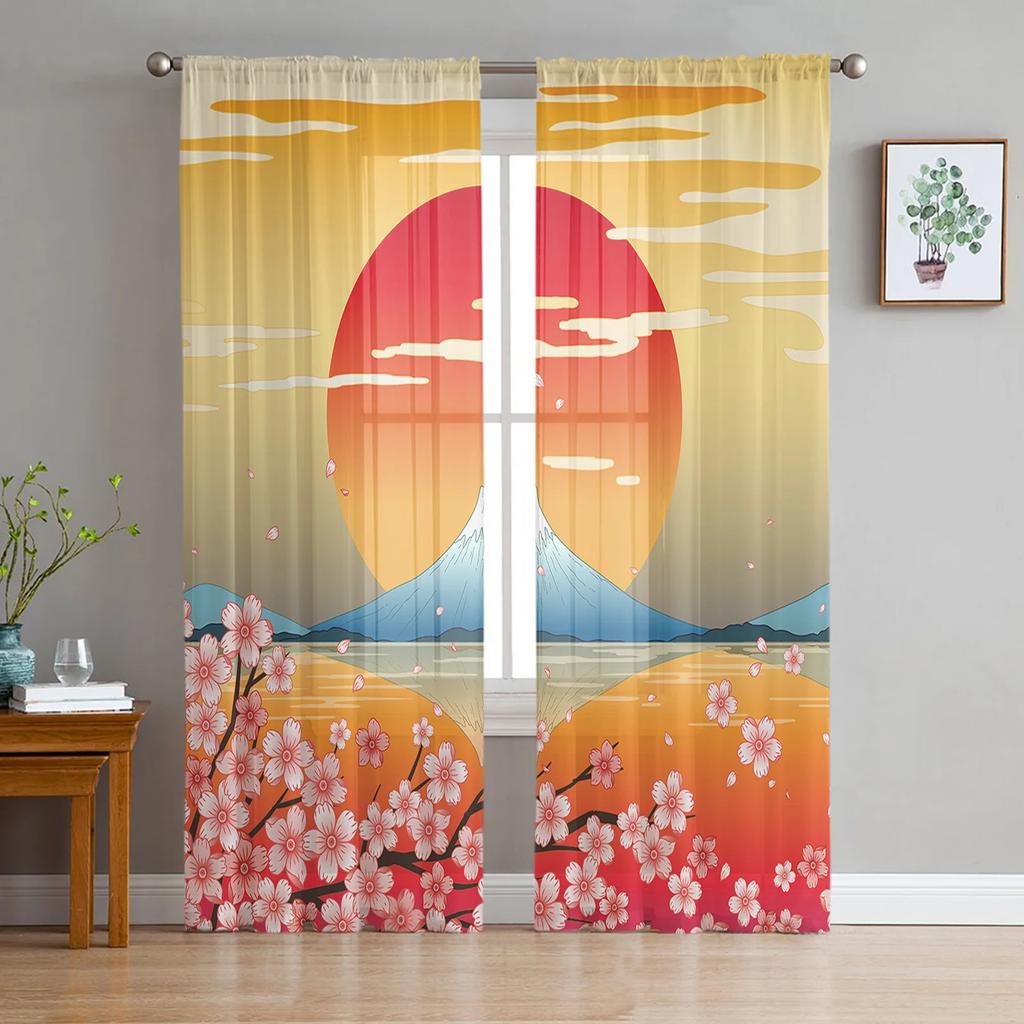Японский стиль Сакура Цветущая вишня Розовый цветок Тюль Шторы Гостиная Кухня Украшение окна Вуаль Прозрачная занавеска