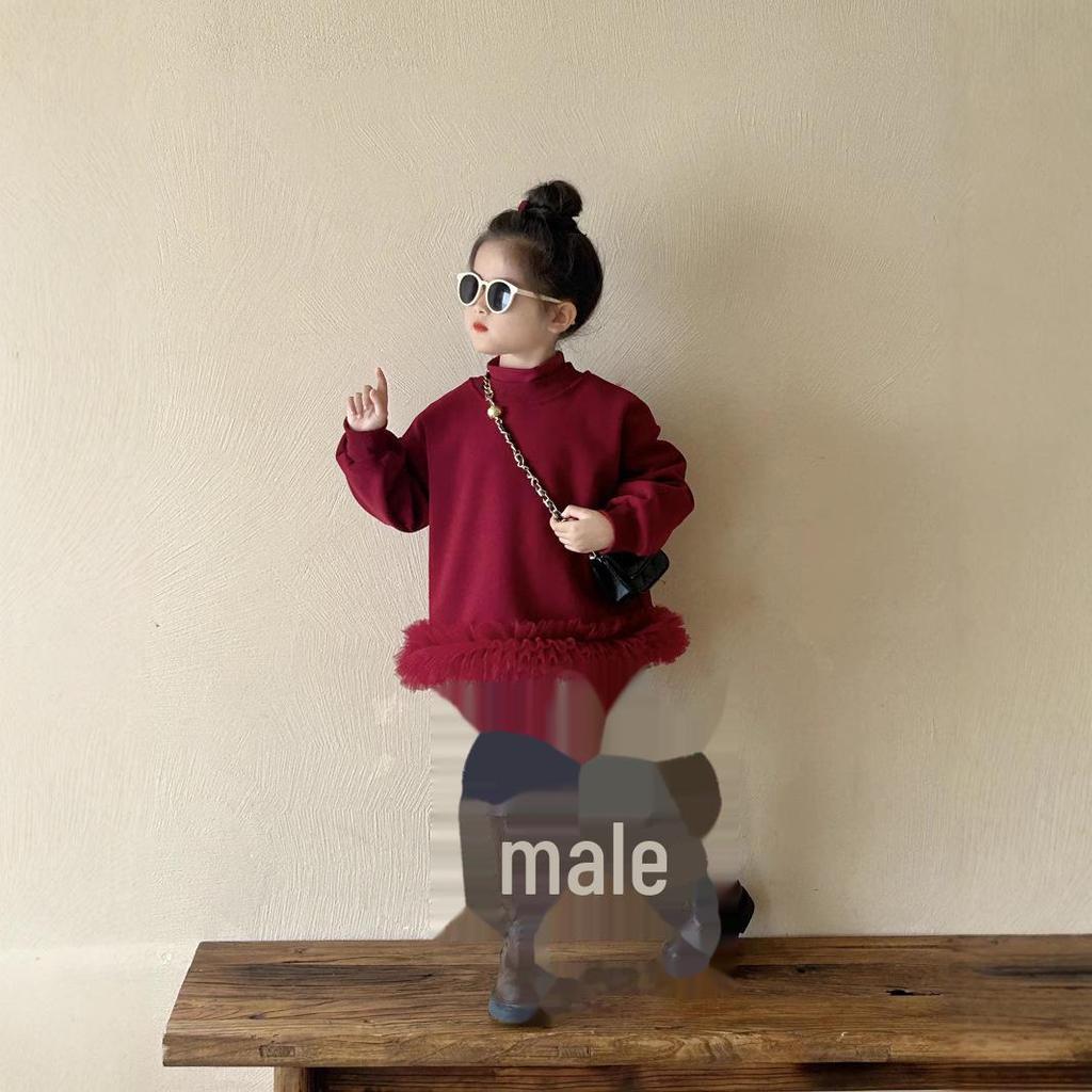 Children's Korean-Style Mesh Lace Velvet Sweatshirt Dress for Fall/Winter 2024