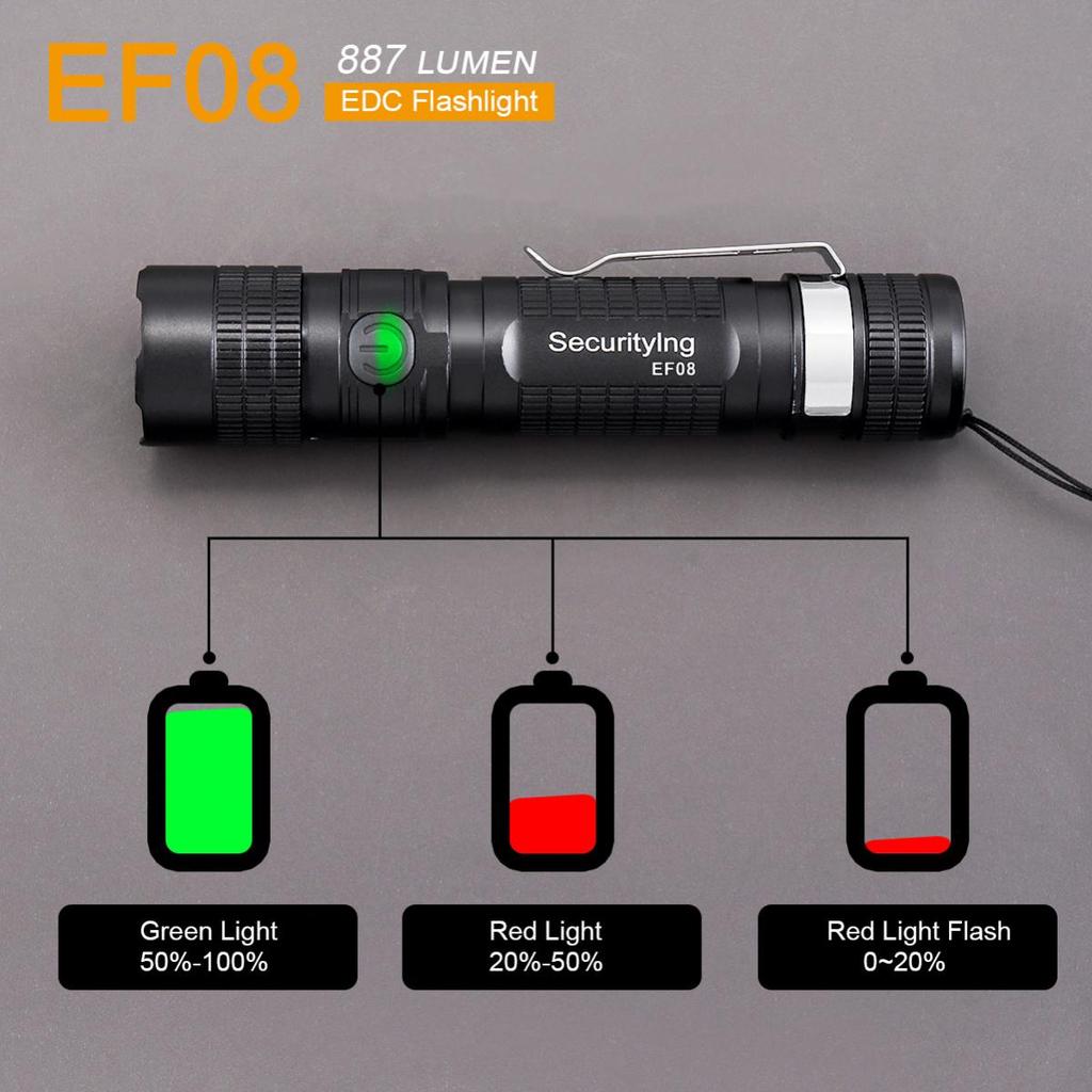 SecurityIng EF08 887 люмен IPX6 Водонепроницаемый с фокусировкой EDC фонарик для улицы / кемпинга / ночных прогулок с индикатором заряда