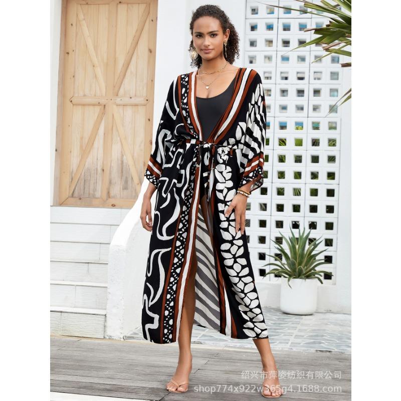 Плюс Размер Женский Пляжный Принт Кардиган Бикини Солнцезащитный Купальник С Накидкой