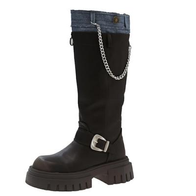 Модные панк-сапоги с металлической пряжкой на толстой платформе, женские зимние готические сапоги до колена 2024 года, черные женские туфли на танкетке для косплея