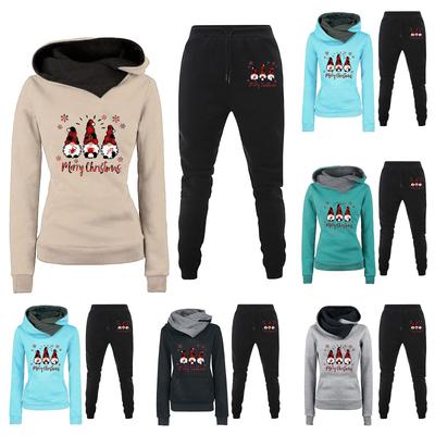 Женская мода толстовка с капюшоном и длинными рукавами с рождественским принтом для бега, комплект из двух предметов