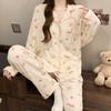 Bear Long Pajama Set Bow Lady Nightwear Suit Comfortable Women's Loungewear  Female