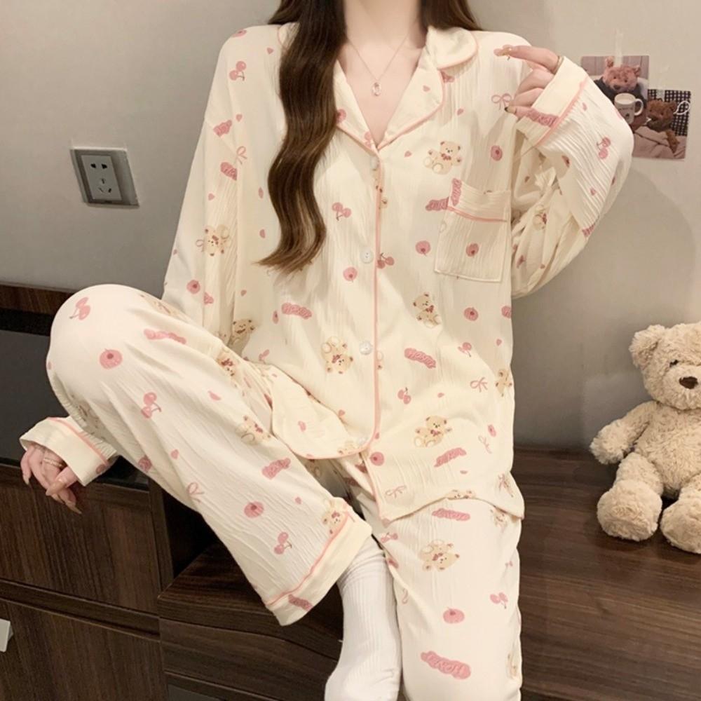 Bear Long Pajama Set Bow Lady Nightwear Suit Comfortable Women's Loungewear Female