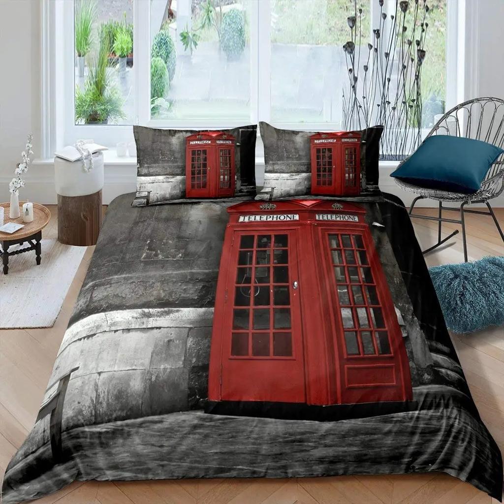 Big Ben Comforter Cover Boys Famous Telephone Booth Bedding Set For Teens Retro London Cityscape Duvet Cover Set With Pillowcase